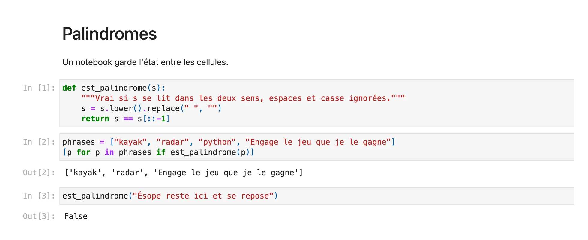 Le notebook palindromes.ipynb rendu dans un navigateur : un titre Palindromes, une phrase, puis trois cellules de code numérotées In [1], In [2], In [3], la définition d'est_palindrome avec sa docstring, la liste filtrée dont la sortie Out[2] donne kayak, radar et Engage le jeu que je le gagne, et l'appel sur la phrase d'Ésope dont la sortie Out[3] est False