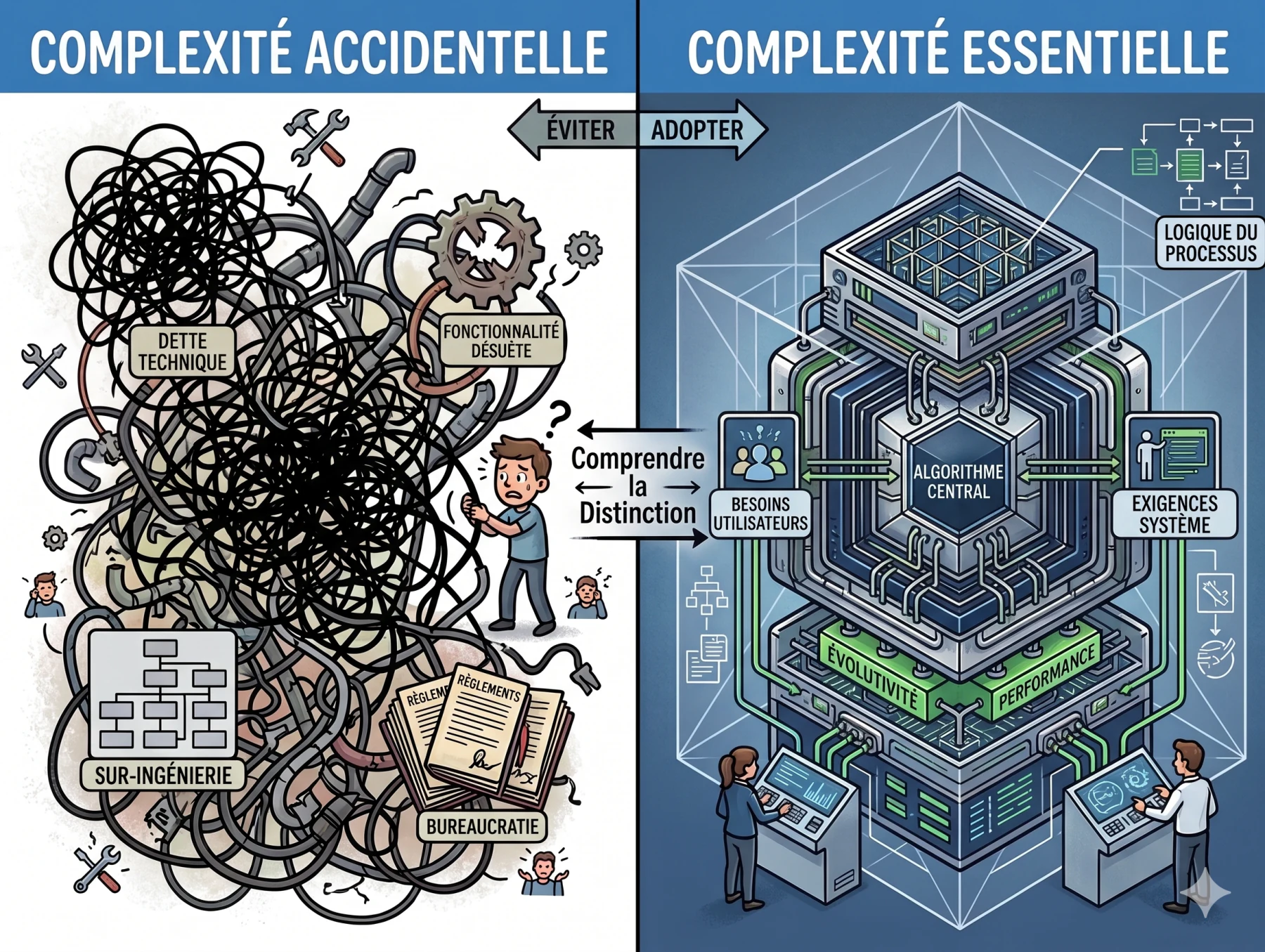 Diptyque opposant la complexité accidentelle, figurée par un enchevêtrement de câbles étiquetés dette technique, sur-ingénierie, bureaucratie et fonctionnalité désuète, à la complexité essentielle, figurée par un système ordonné autour d'un algorithme central relié aux besoins utilisateurs et aux exigences système