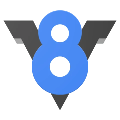 Le logo de V8 : un grand V gris anthracite, et devant lui un 8 bleu aux boucles bien rondes