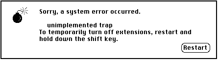 La boîte de dialogue d'erreur système du Mac OS classique : une bombe à mèche allumée, le message Sorry, a system error occurred, et un bouton Restart, seule issue possible