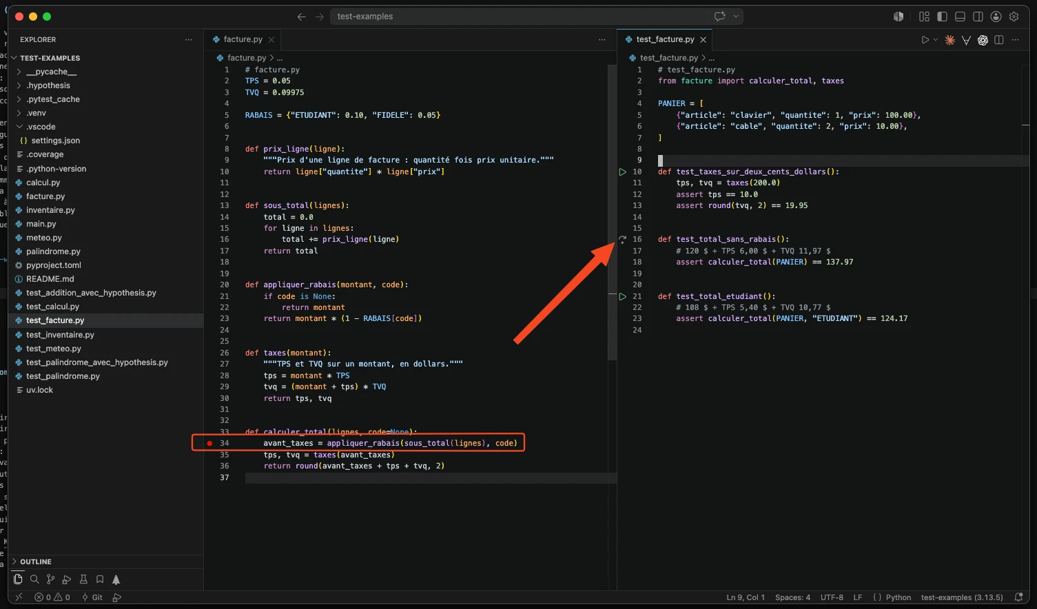 VS Code en thème sombre, le projet test-examples : à gauche facture.py en entier, avec un point d'arrêt rouge sur la ligne avant_taxes = appliquer_rabais(sous_total(lignes), code) de calculer_total, encadrée en rouge ; à droite test_facture.py avec ses trois tests et, dans la marge, l'icône de lancement de test_total_sans_rabais, désignée par une flèche rouge