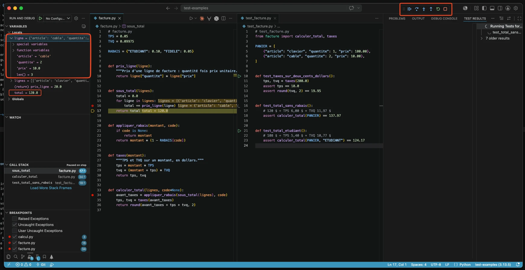 VS Code arrêté dans sous_total, à la sortie de la boucle, sur la ligne return total surlignée avec total = 120.0 écrit au bout ; à gauche, Variables avec ligne dépliée, encadrée en rouge, article cable, quantite 2, prix 10.0, puis (return) prix_ligne = 20.0 et total = 120.0, encadré en rouge ; Call Stack, Paused on step, montre sous_total, calculer_total et test_total_sans_rabais ; en haut, la barre du débogueur, encadrée, continuer, passer, entrer, sortir, relancer, arrêter
