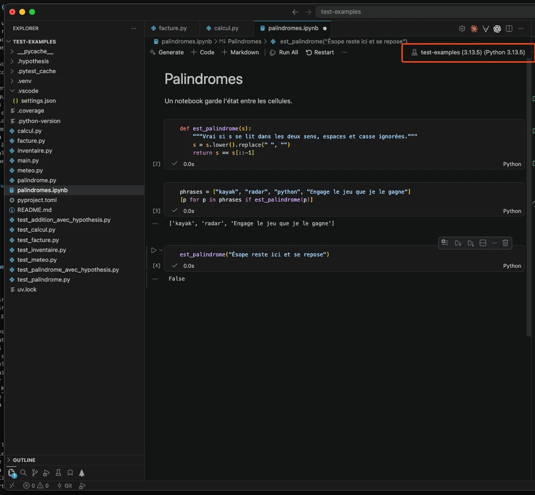 VS Code en thème sombre, le projet test-examples, palindromes.ipynb ouvert dans l'éditeur de notebooks : la barre du haut avec Generate, Code, Markdown, Run All et Restart, et à droite le sélecteur de noyau, encadré en rouge, qui affiche test-examples (3.13.5) (Python 3.13.5) ; le titre Palindromes, la phrase Un notebook garde l'état entre les cellules, puis les trois cellules de code exécutées, numérotées 2, 3 et 4, avec une coche verte, la sortie kayak, radar, Engage le jeu que je le gagne, et la sortie False
