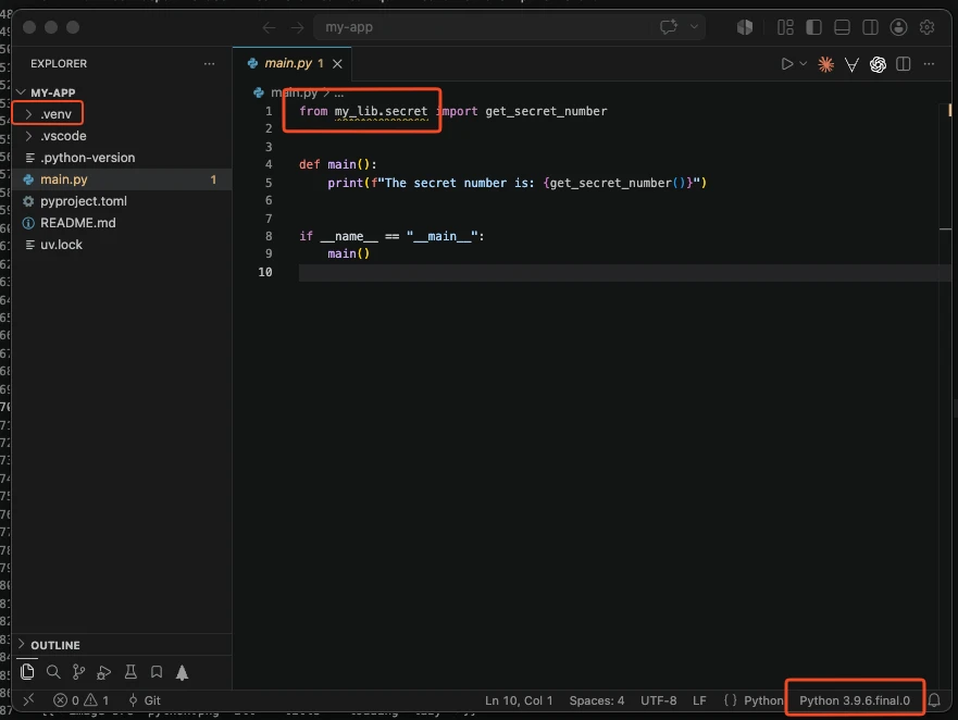 VS Code en thème sombre, le projet my-app ouvert avec le mauvais interpréteur : la ligne d'import de my_lib.secret est soulignée et encadrée en rouge, le fichier main.py porte un 1 dans l'explorateur, le dossier .venv est encadré, et la barre d'état en bas à droite, encadrée elle aussi, affiche Python 3.9.6.final.0, le Python du système
