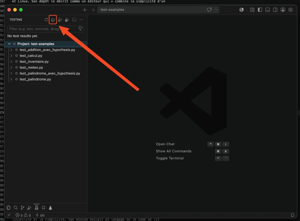 VS Code en thème sombre, la vue Testing après la configuration : No test results yet, puis l'arbre Project test-examples avec ses six fichiers de test, test_addition_avec_hypothesis, test_calcul, test_inventaire, test_meteo, test_palindrome_avec_hypothesis, test_palindrome ; en haut de la vue, le bouton de lancement est encadré en rouge et désigné par une flèche