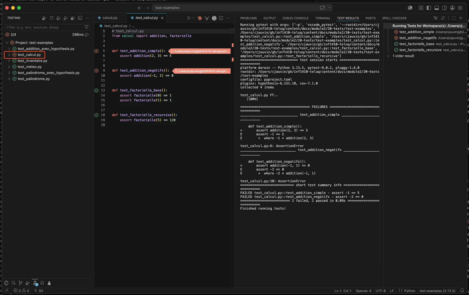VS Code en thème sombre après l'erreur volontaire dans addition : l'explorateur de tests affiche 2/4 en rouge, test_calcul.py encadré ; au centre, test_calcul.py avec une croix rouge dans la marge devant test_addition_simple et test_addition_negatifs, une coche verte devant les deux tests de factorielle ; à droite, le panneau Test Results montre la sortie de pytest, FAILURES, assert -1 == 5 where -1 = addition(2, 3), assert -2 == 0, et 2 failed, 2 passed in 0.09s