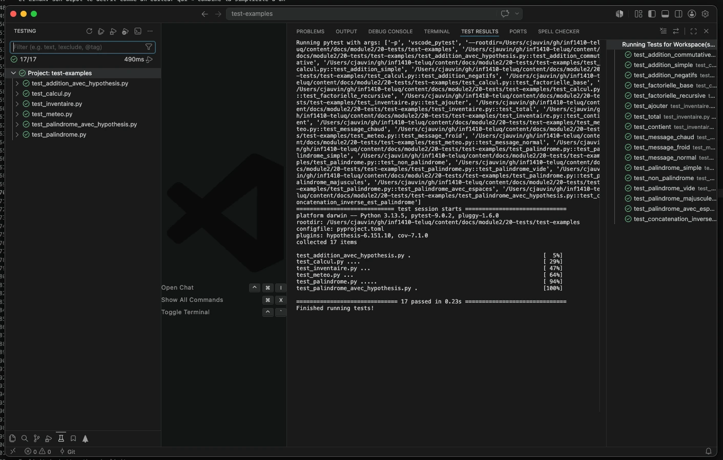 La même vue après le lancement : 17/17 en vert, 490 ms, chaque fichier coché ; au centre, le panneau Test Results montre la commande pytest exacte avec ses arguments, puis la sortie habituelle de pytest, platform darwin, Python 3.13.5, pytest 9.0.2, plugins hypothesis et cov, collected 17 items, les pourcentages par fichier et 17 passed in 0.23s ; à droite, la liste des dix-sept tests cochés