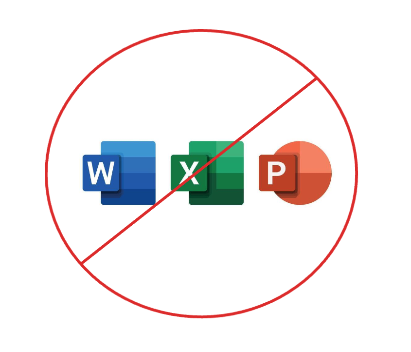 Les logos de Word, Excel et PowerPoint barrés d'un cercle d'interdiction rouge