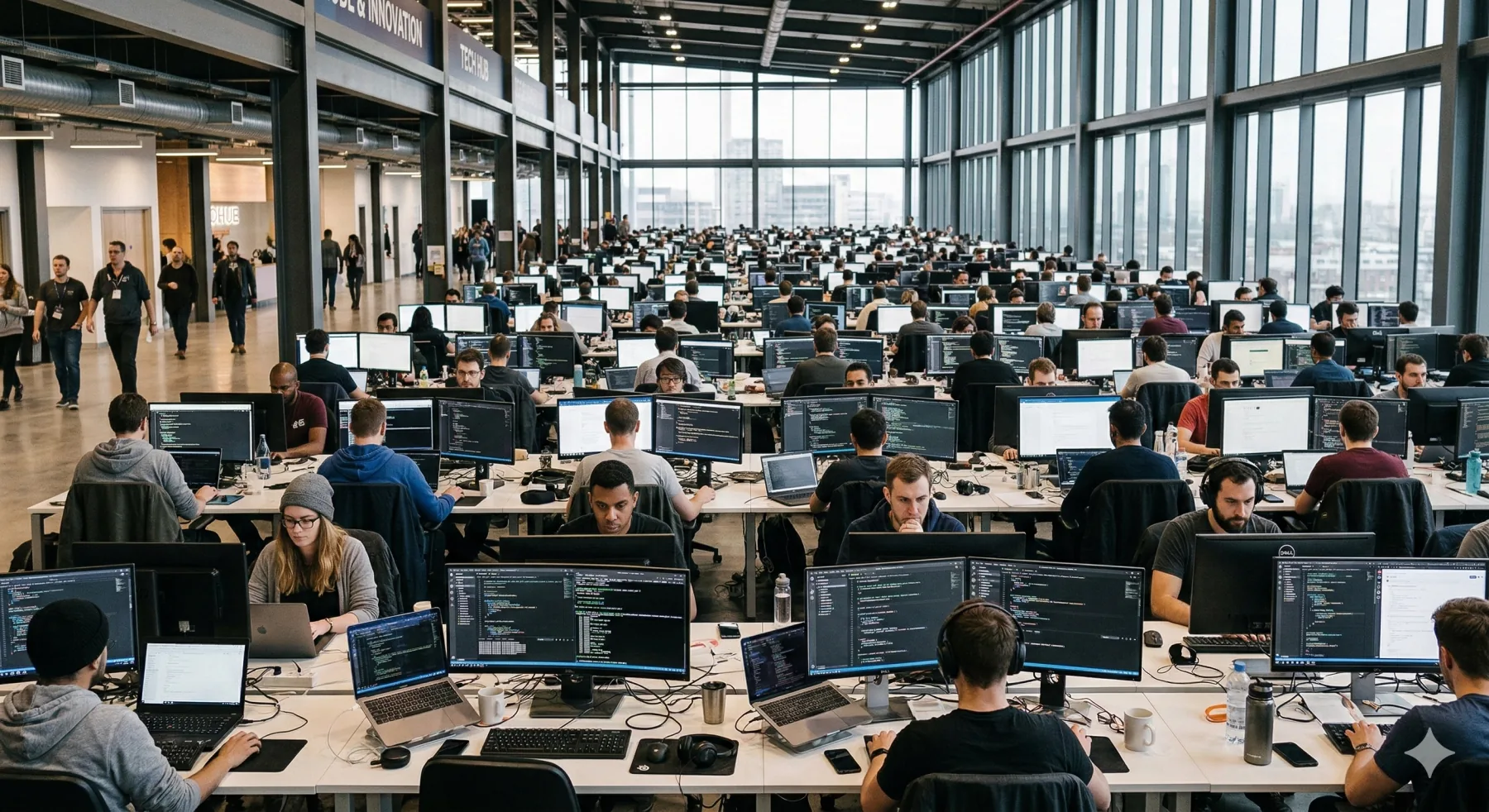 Un vaste espace de travail ouvert où des centaines de développeurs travaillent côte à côte devant leurs écrans